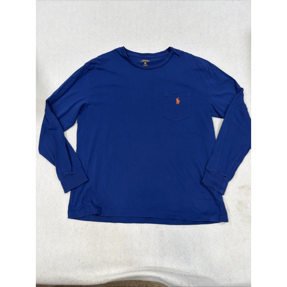 Polo Ralph Lauren Mens Med Blue Long Sleeve Pocket T Shirt Crew Neck Cotton